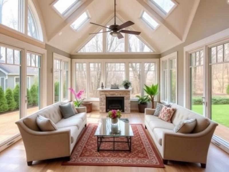 Bright sunroom addition with large windows, natural light, and views of the backyard