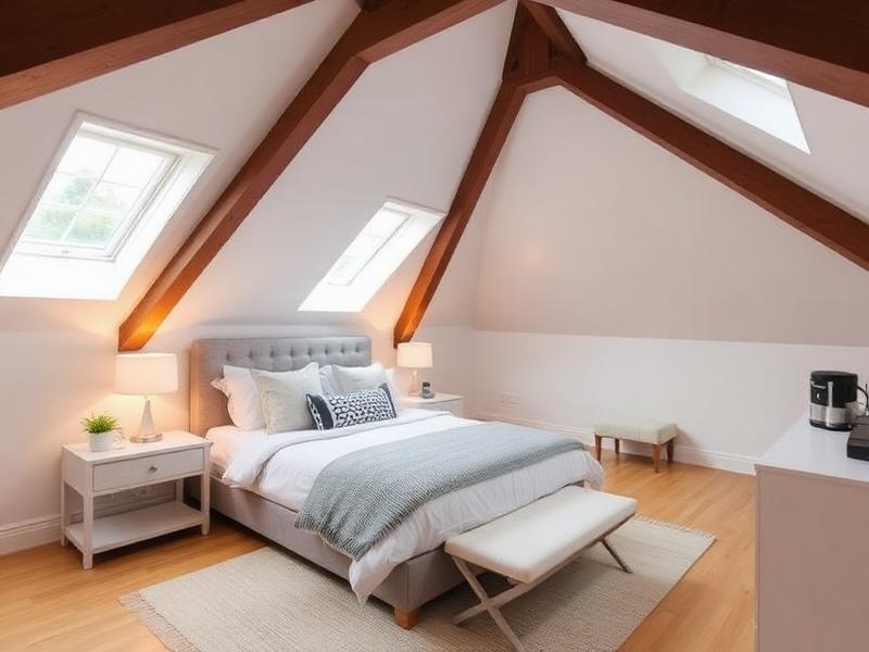 Converted attic dormer space with skylights, built-in shelving, and warm wood finishes