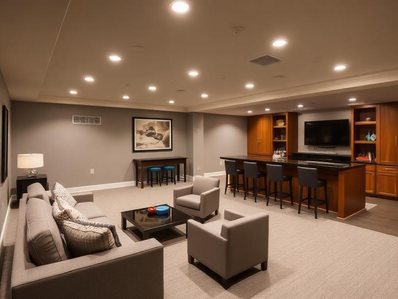 Finished basement living area with cozy seating, lighting, and hardwood-style flooring