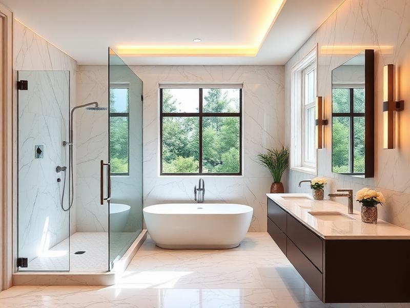 Spa-inspired bathroom renovation featuring a walk-in shower, vanity, and modern tilework