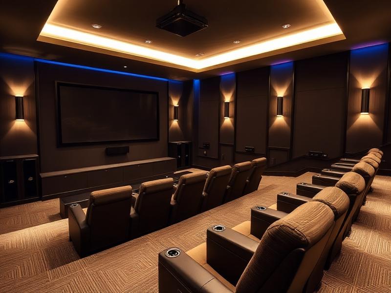 Custom home theater and media room with ambient lighting and comfortable seating